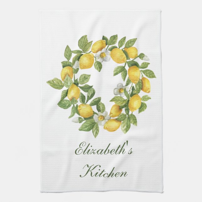 Linge De Cuisine Fleurs blanches Feuilles de couronnes de citron pe (Vertical)