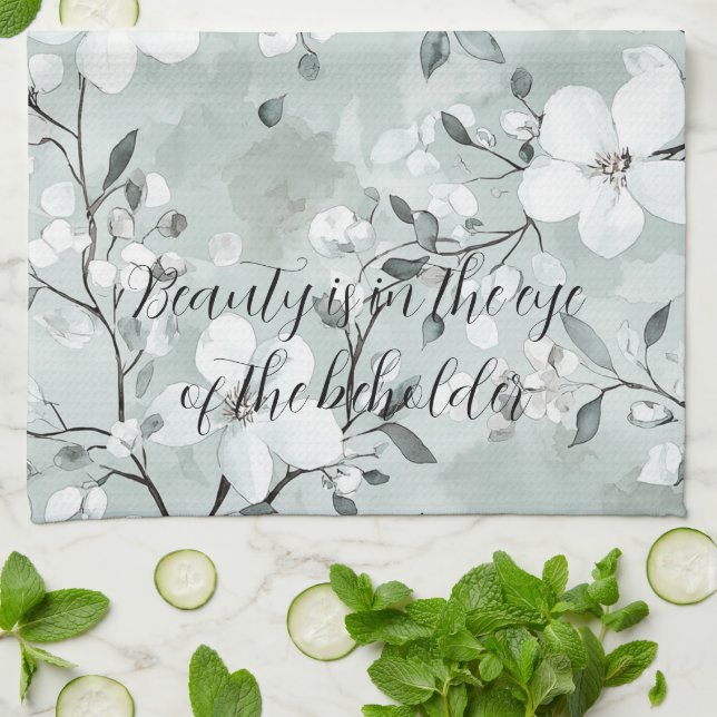 Linge De Cuisine Fleurs blanches gris chic (Plié)