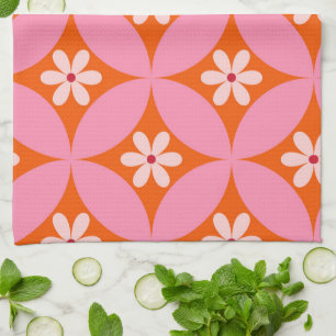 Linge De Cuisine Fleurs blanches sur motif de cercles roses du mili