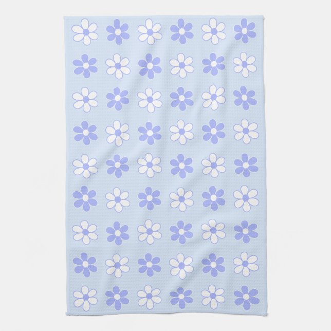 Linge De Cuisine Fleurs bleu ciel et blanc sur bleu clair (Vertical)