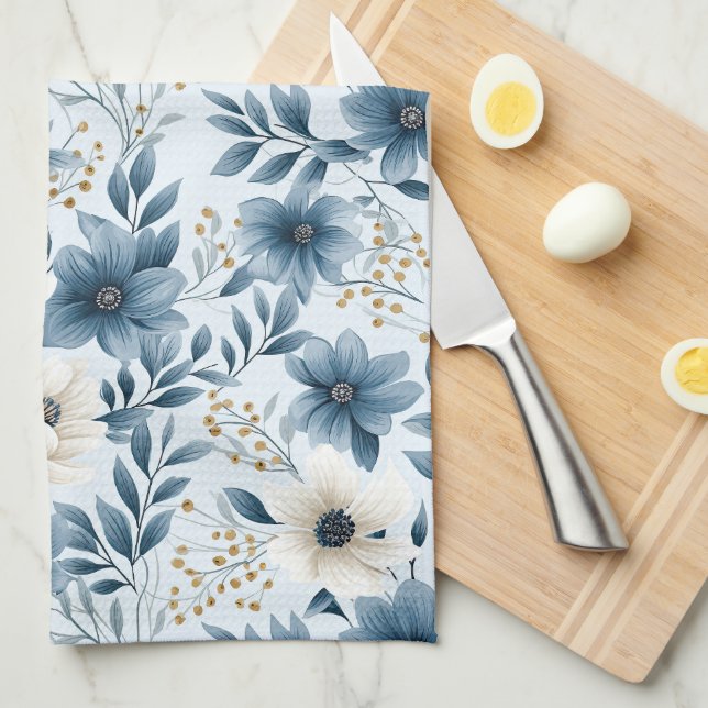 Linge De Cuisine Fleurs bleues et beiges (Quart Plié)