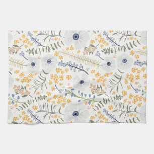 Linge De Cuisine Fleurs botaniques bleu doux et jaune