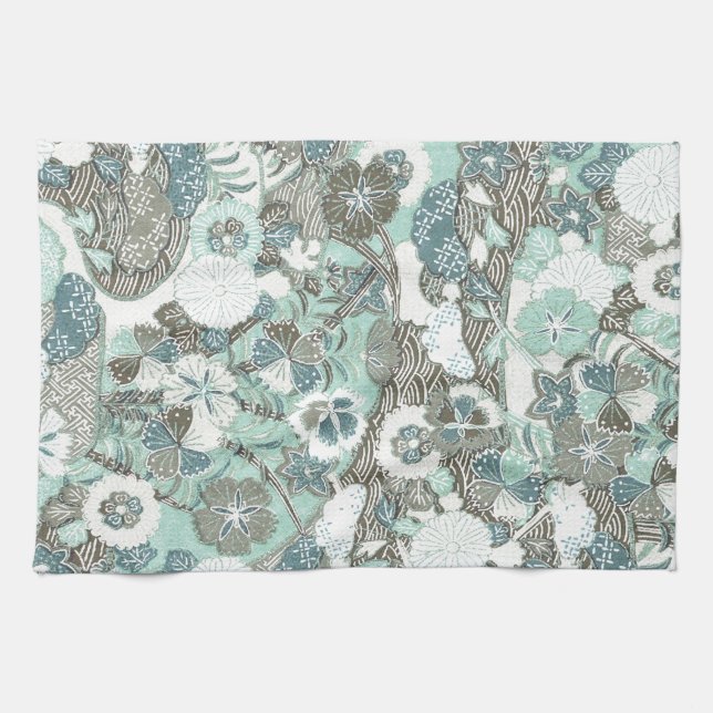 Linge De Cuisine Fleurs Brown bleues Abstraites (Horizontal)