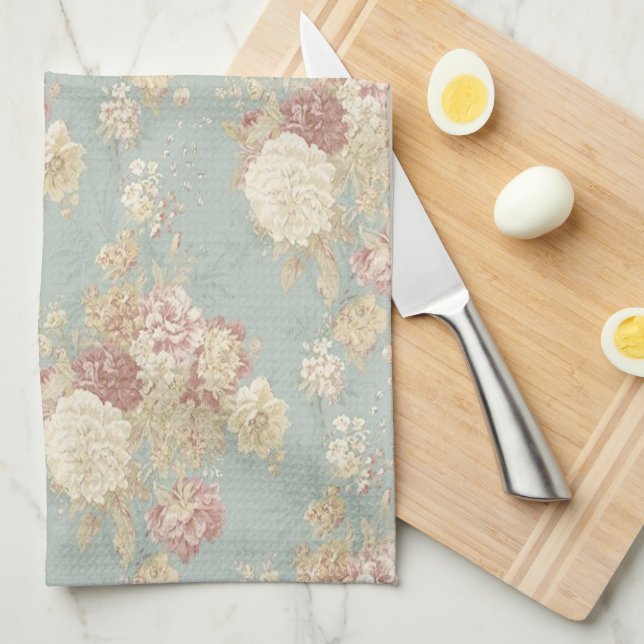 Linge De Cuisine Fleurs chic bleu blanc et rose fleuri (Quart Plié)