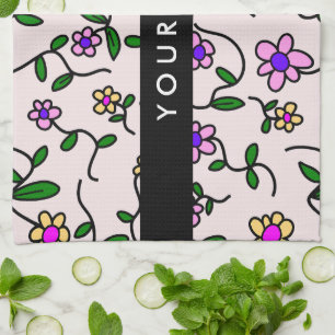 Linge De Cuisine Fleurs Colorées, Fond Rose, Noir