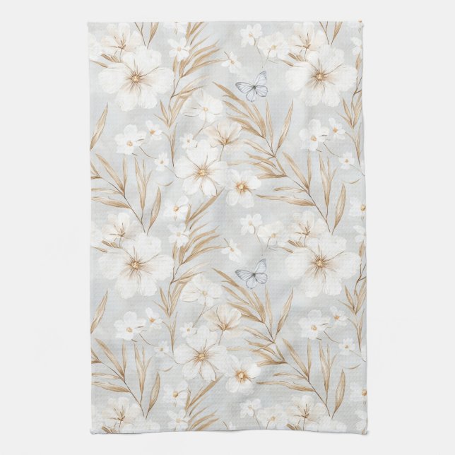 Linge De Cuisine Fleurs Crème Blanche Papillons Bleus Shower de Mar (Vertical)