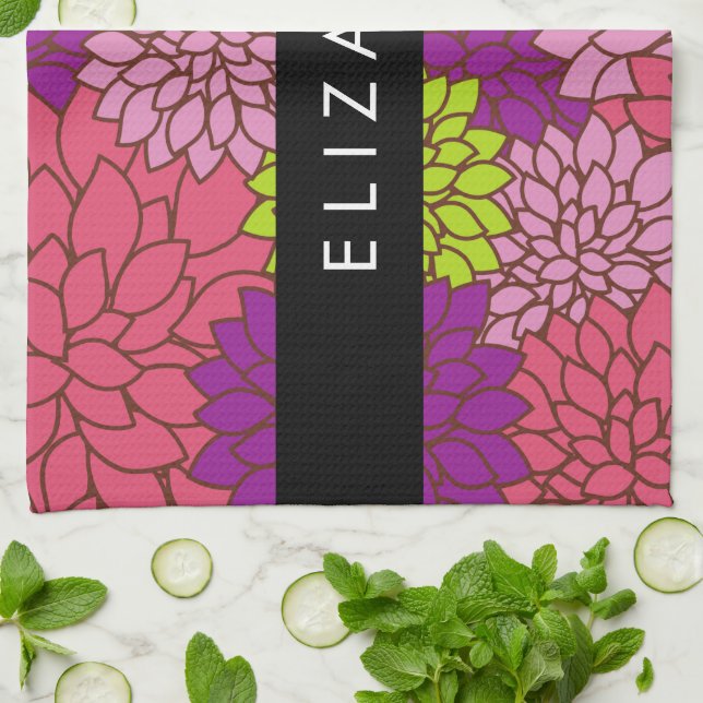 Linge De Cuisine Fleurs Dahlia, Fleurs Colorées, Votre Nom (Plié)