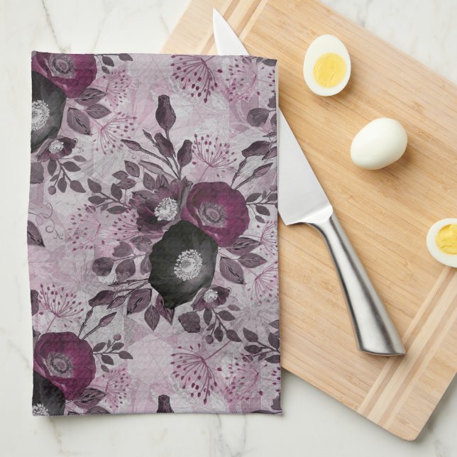 Linge De Cuisine Fleurs d'aquarelle bordeaux. (Quart Plié)