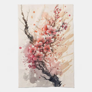 Linge De Cuisine Fleurs d'aquarelle en fleur de cerisier rouge rose