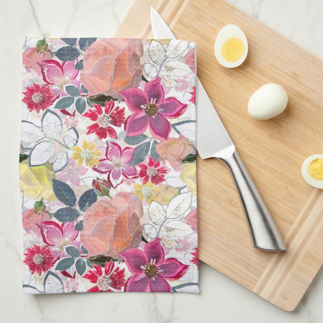 Linge De Cuisine Fleurs d'aquarelle rose et rouge. (Quart Plié)