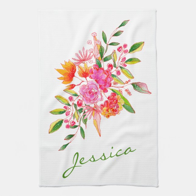Linge De Cuisine Fleurs d'aquarelle rose mignonne Nom personnalisé (Vertical)