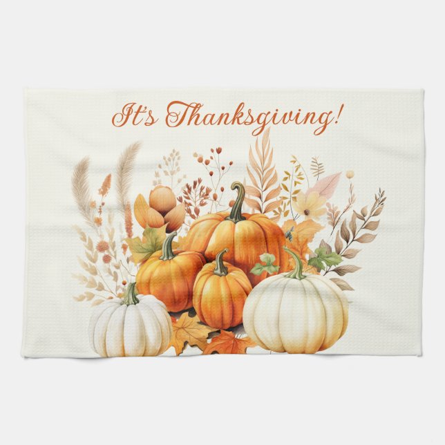 Linge De Cuisine Fleurs d'automne Citrouille blanc Thanksgiving (Horizontal)