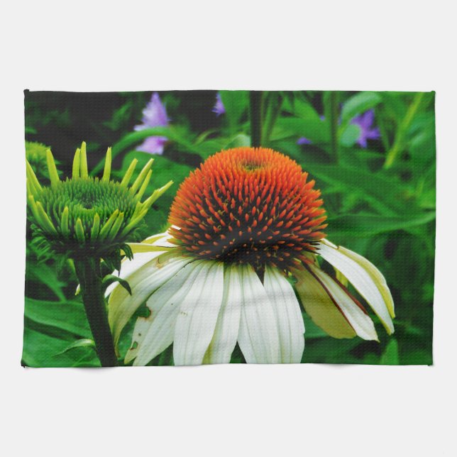 Linge De Cuisine Fleurs de cônes blanches et orange (Horizontal)