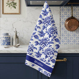 Linge De Cuisine Fleurs de dahlia bleues et blanches Toile de Jouy
