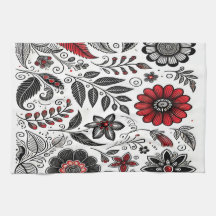 Fleurs de gribouillis et feuilles en rouge et noir