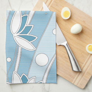 Linge De Cuisine Fleurs de Lotus Blancs sur bandes Bleues