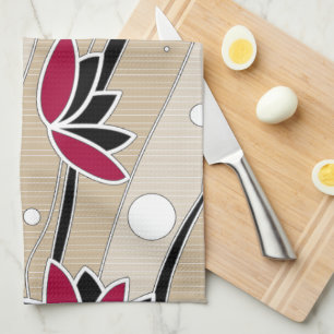 Linge De Cuisine Fleurs de lotus rouges vintages sur bandes beiges