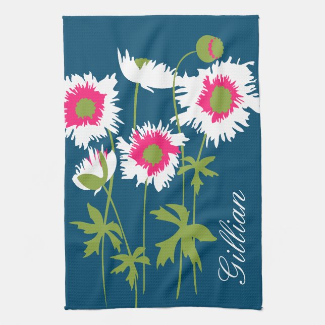 Linge De Cuisine Fleurs de pavots graphiques en blanc rose bleu (Vertical)