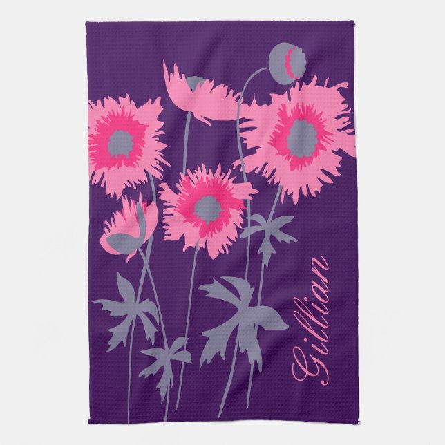 Linge De Cuisine Fleurs de pavots graphiques en gris rose et violet (Vertical)