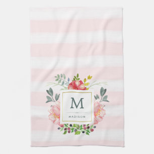 Linge De Cuisine Fleurs de pivoine d'aquarelle avec le monogramme