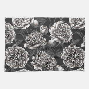 Linge De Cuisine Fleurs de pivoines blanches sur gris foncé