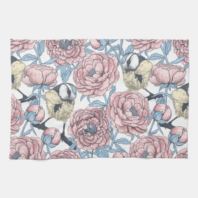Linge De Cuisine Fleurs de pivoines et oiseaux (Horizontal)