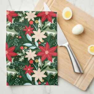 Linge De Cuisine Fleurs de Poinsettia et Noël Feuille