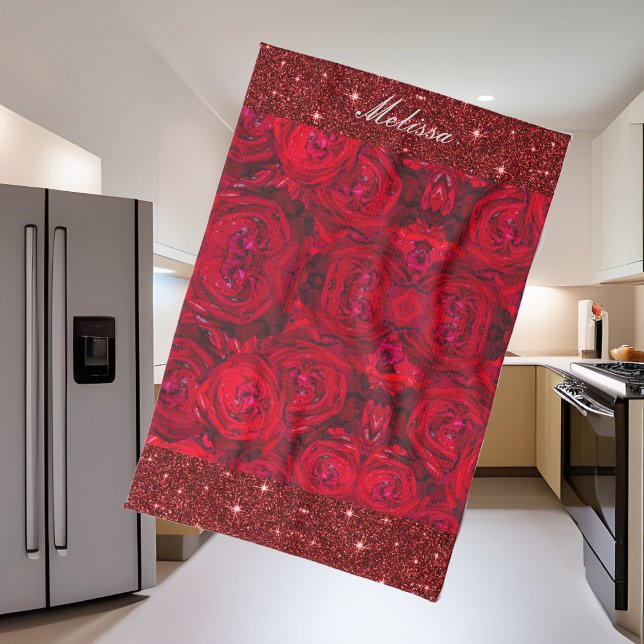 Linge De Cuisine Fleurs de roses rouges avec gouttes - photographie (Créateur téléchargé)