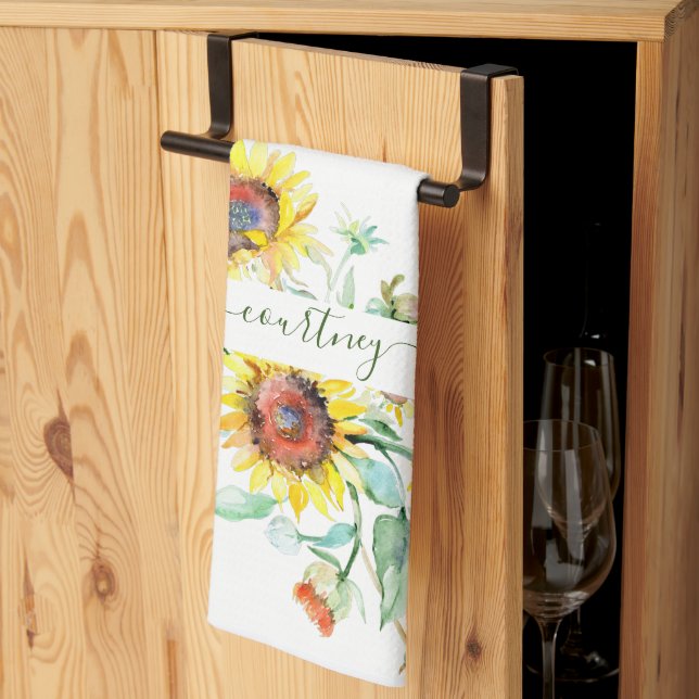 Linge De Cuisine Fleurs de soleil aquarelles personnalisées (Pliage en tiers)