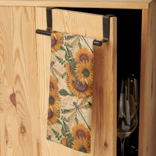 Linge De Cuisine Fleurs de soleil Dragonflies jaunes Tan Floral