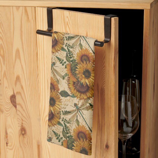 Linge De Cuisine Fleurs de soleil Dragonflies jaunes Tan Floral (Pliage en tiers)