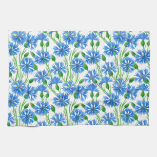 Linge De Cuisine Fleurs d'eau bleu, fleurs sauvages sur blanc