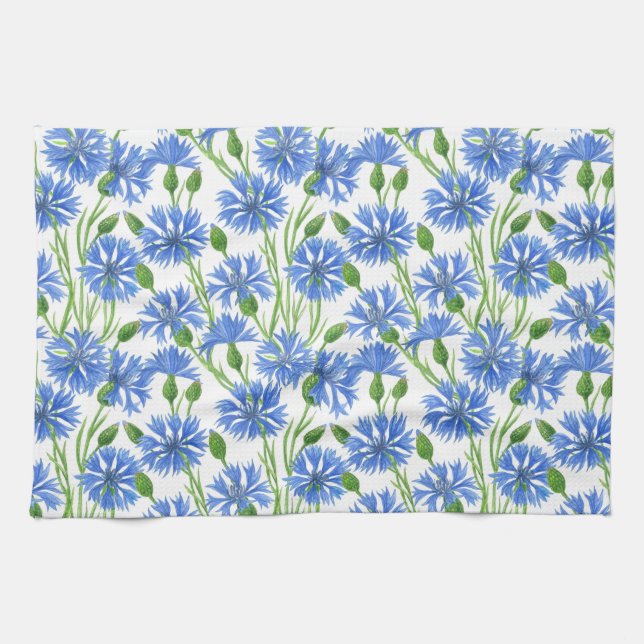 Linge De Cuisine Fleurs d'eau bleu, fleurs sauvages sur blanc (Horizontal)