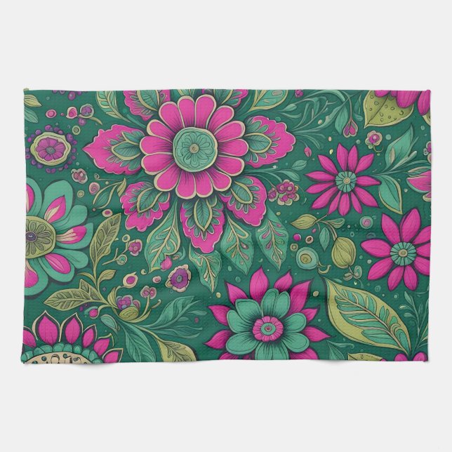 Linge De Cuisine Fleurs Design Rose Vert Retro Classic (Horizontal)