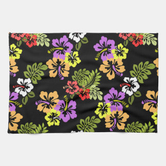 Linge De Cuisine Fleurs d'Hibiscus Colorées sur Fond Noir