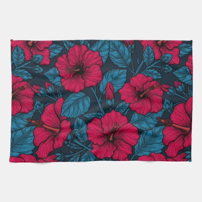 Linge De Cuisine Fleurs d'hibiscus rouges (Horizontal)