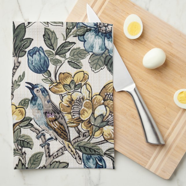 Linge De Cuisine Fleurs et oiseaux Exotiques Bleus et Or (Quart Plié)