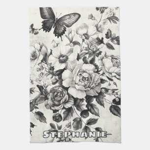 Linge De Cuisine Fleurs et papillons rustiques - Papier vieilli (3)