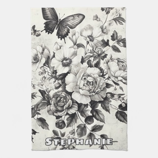 Linge De Cuisine Fleurs et papillons rustiques - Papier vieilli (3) (Vertical)