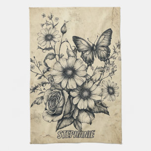 Linge De Cuisine Fleurs et papillons rustiques - Papier vieilli (6)