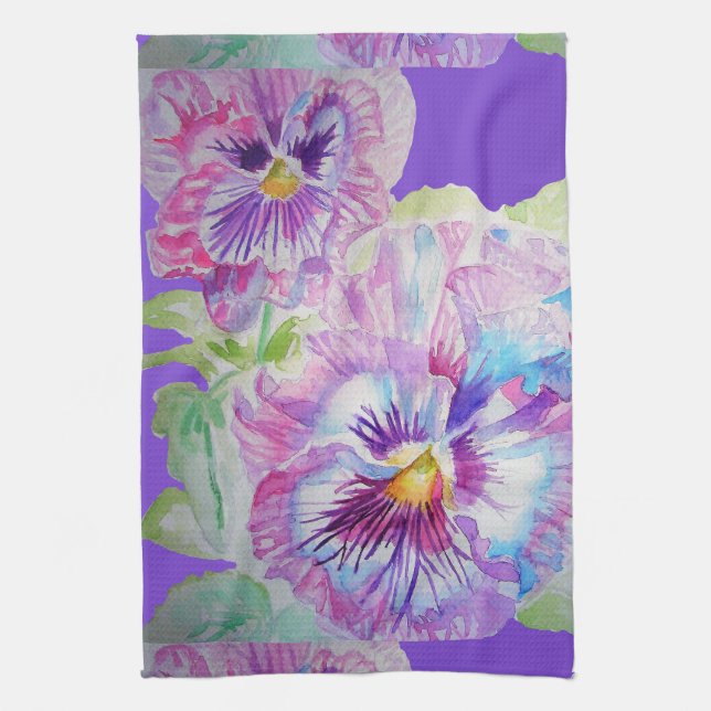 Linge De Cuisine Fleurs florales violettes Pansy Aquarelle Tea Serv (Vertical)