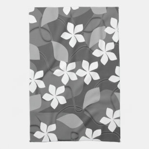 Linge De Cuisine Fleurs grises et blanches. Modèle floral