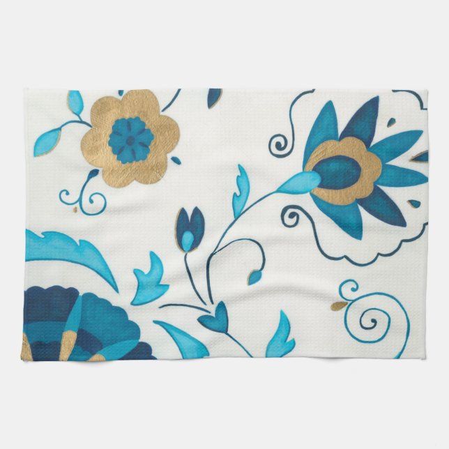 Linge De Cuisine Fleurs Indigo dorées avec Arrière - plan blanc (Horizontal)