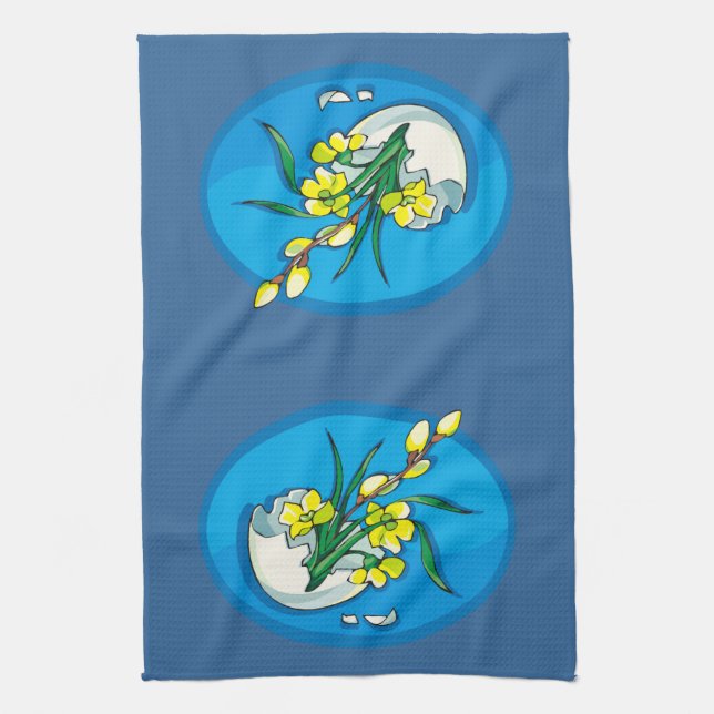 Linge De Cuisine Fleurs jaunes en bleu oeuf (Vertical)