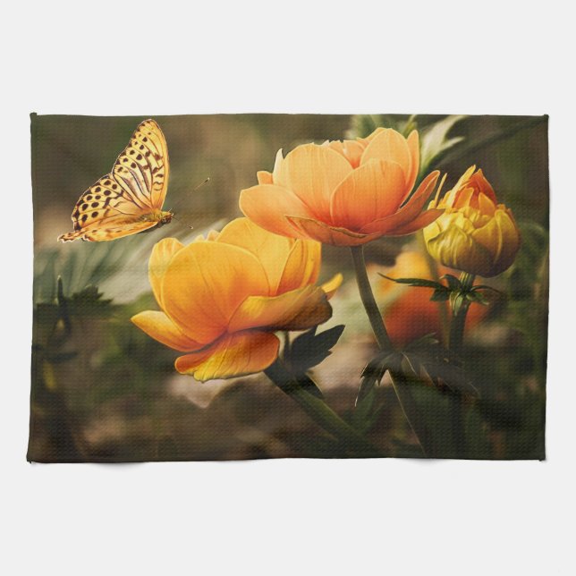 Linge De Cuisine Fleurs Jaunes Profondes et Lumineuses avec Papillo (Horizontal)