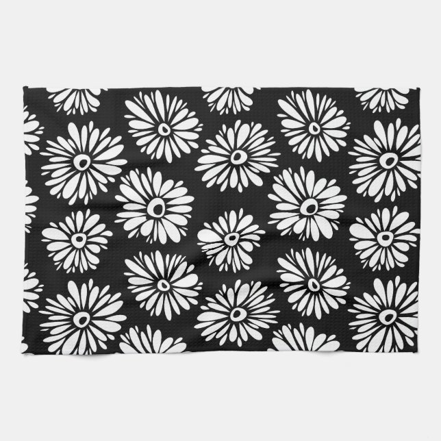 Linge De Cuisine Fleurs noires et blanches funky (Horizontal)