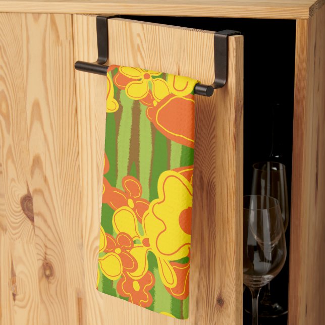 Linge De Cuisine Fleurs orange jaune rétro des années 1970 (Pliage en tiers)