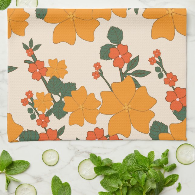 Linge De Cuisine Fleurs Oranges, Motif Floral, Motif De Fleurs (Plié)