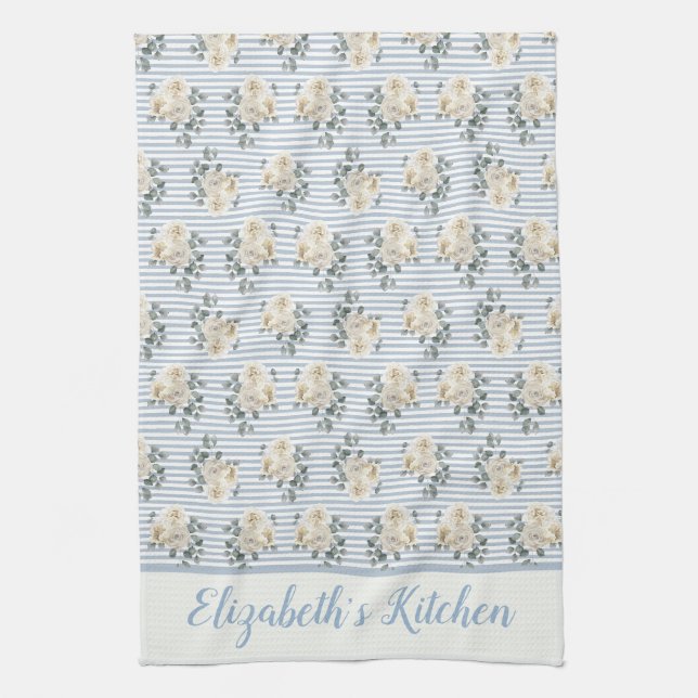 Linge De Cuisine Fleurs personnalisées rayures bleues et blanches v (Vertical)