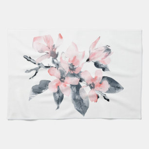 Linge De Cuisine Fleurs rose et gris Aquarelle classique